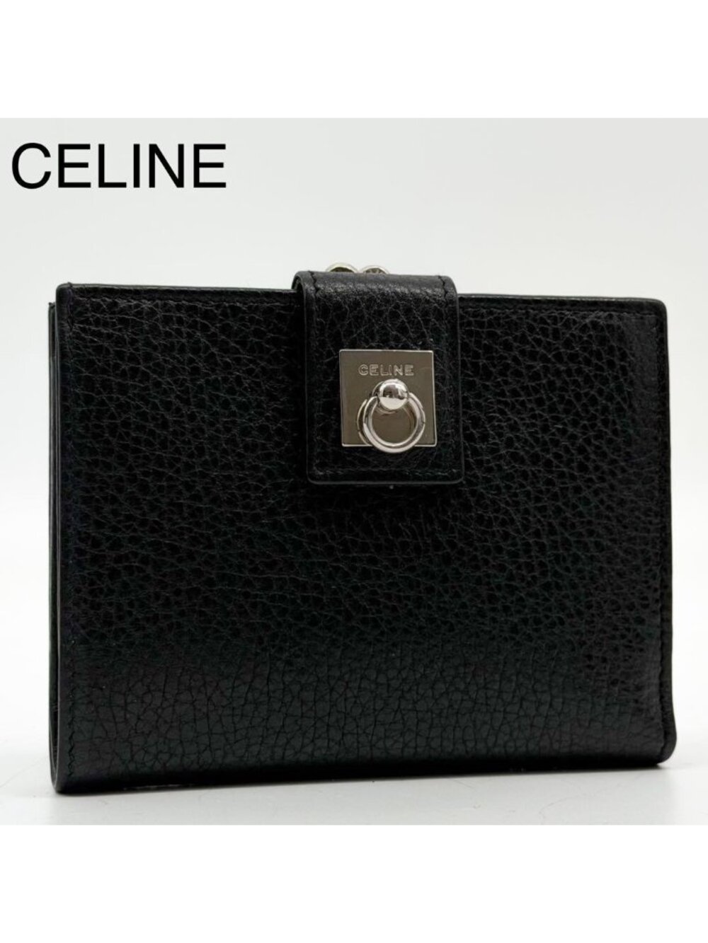 Celine Gancini Kiss Lock Bifold Wallet Black Compact